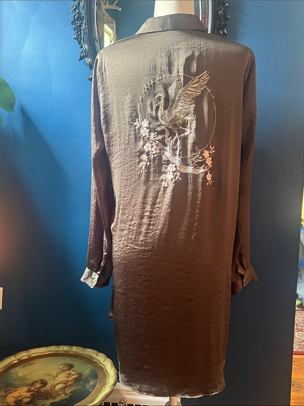 Zara Embroidered Crane Satin Shirt Dress